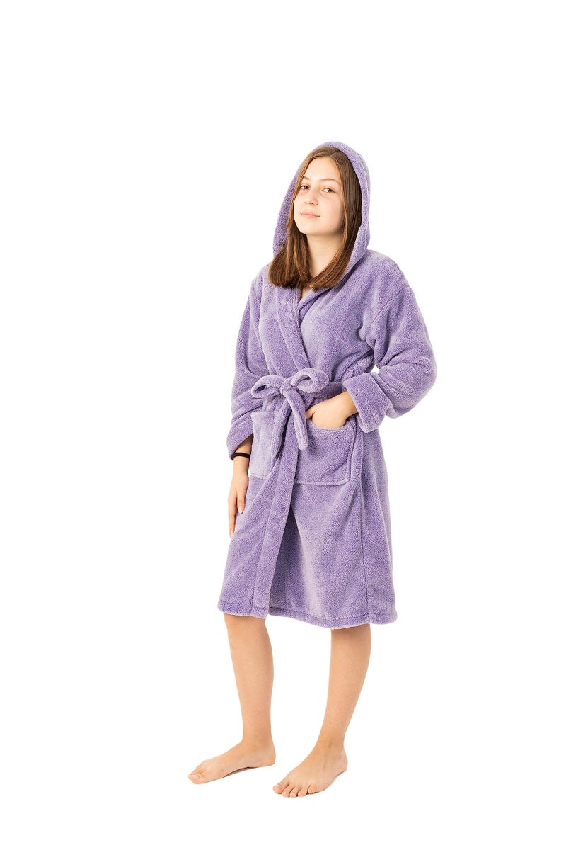 BC BARE COTTON Kids Microfiber Fleece Hooded Robe - Girls - Lavender - XLarge - Image 5